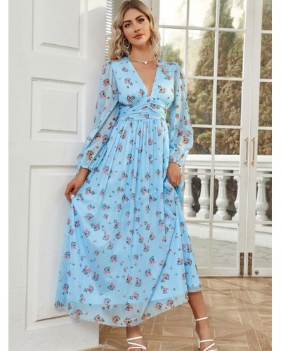 Women Floral Dress Maxi Dresses Dresses Floral Print V-Neck Long Sleeves Zipper No Open Seam Fall Long Sweet Casual Daily Casual Dating