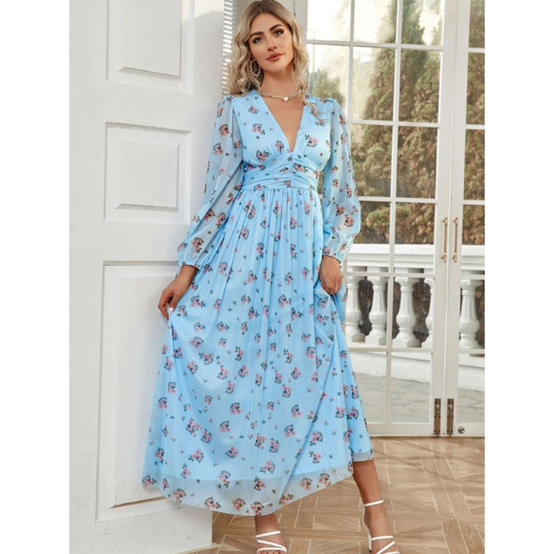 Women Floral Dress Maxi Dresses Dresses Floral Print V-Neck Long Sleeves Zipper No Open Seam Fall Long Sweet Casual Daily Casual Dating