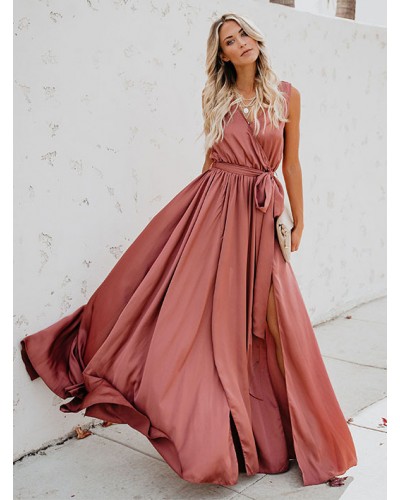 Women Maxi Dress Sleeveless Blush Pink V Neck Knotted Slit Long Dress Bohemian Summer