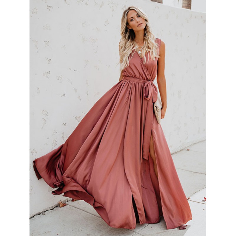 Women Maxi Dress Sleeveless Blush Pink V Neck Knotted Slit Long Dress Bohemian Summer