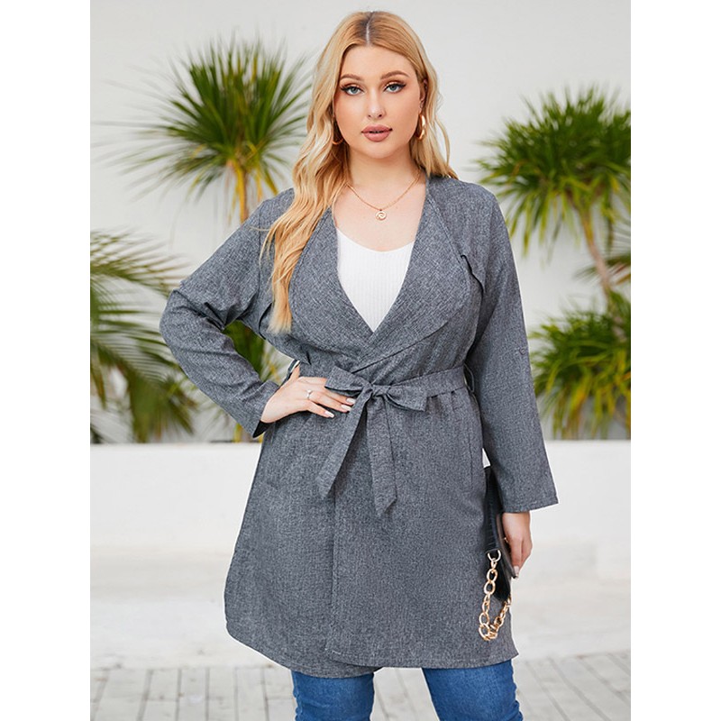 Women Jackets Lapel Long Sleeves Belted Fall Spring Outerwear Casual