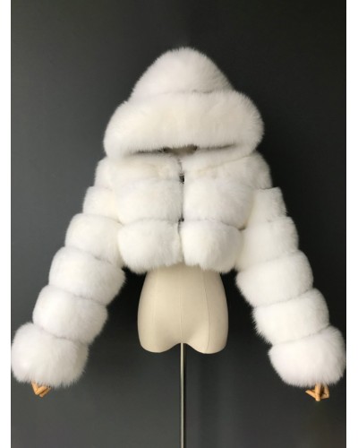 White Faux Fur Coats Hooded Short Jacket Women's Winter Outerwear