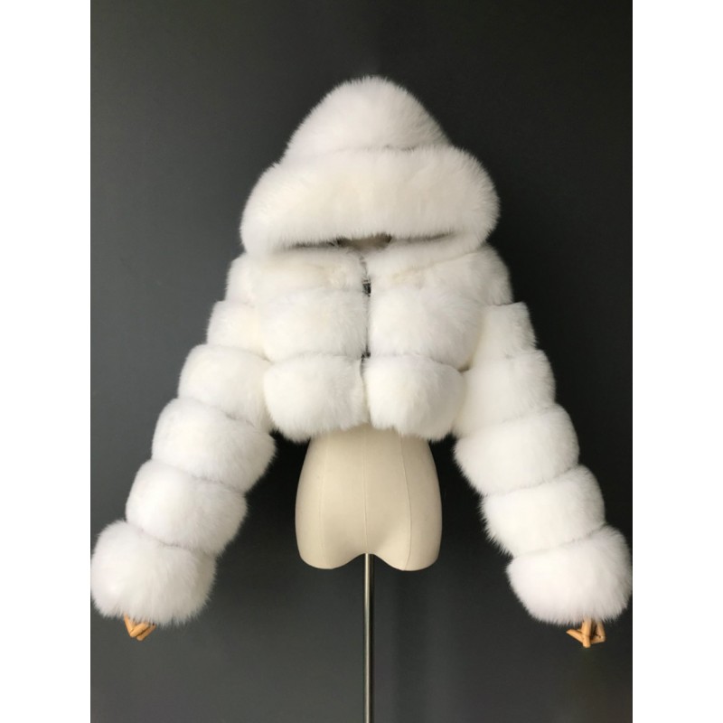 White Faux Fur Coats Hooded Short Jacket Women's Winter Outerwear