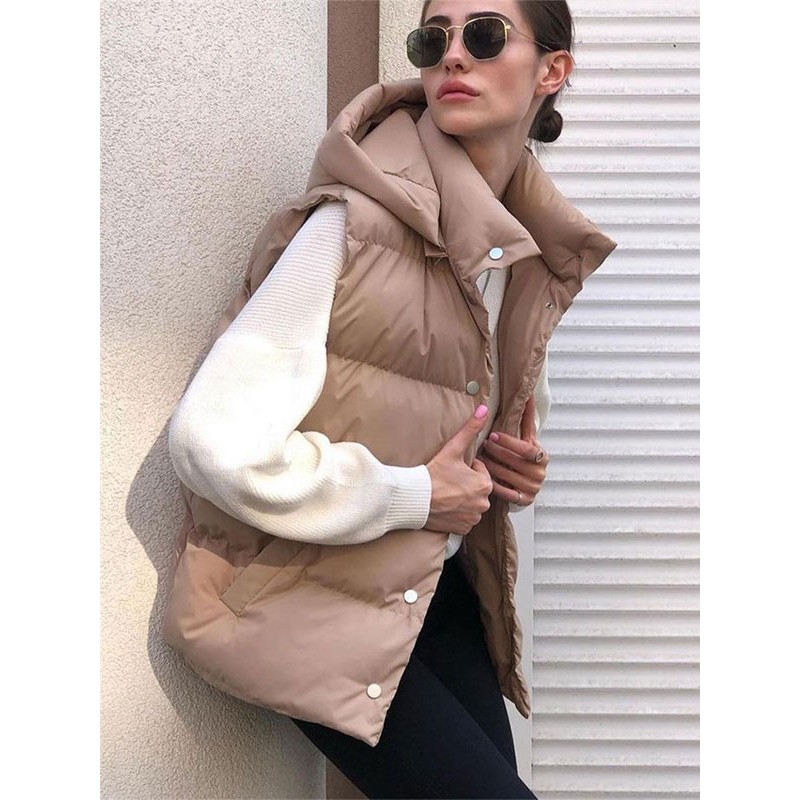 Puffer Vest Hooded Stand Collar Thicken Outerwear 2023 Casual Spring Fall Winter