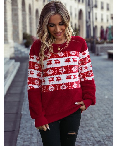 Women Hoodie Red Long Sleeves Christmas Pattern Hooded Sweatshirt