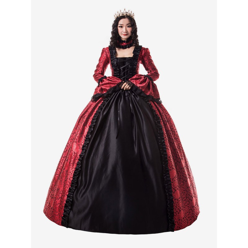 Women Victorian Dress Costume 's Ture Red Trim Ruffle Floral Print Victorian Era Style Set Matte Satin Ball With Choker Vintage Clothing Halloween Sets Victorian Era