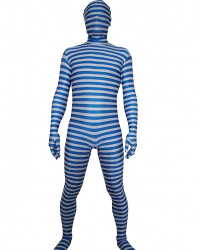 Blue And White Stripe Lycra Unisex Zentai