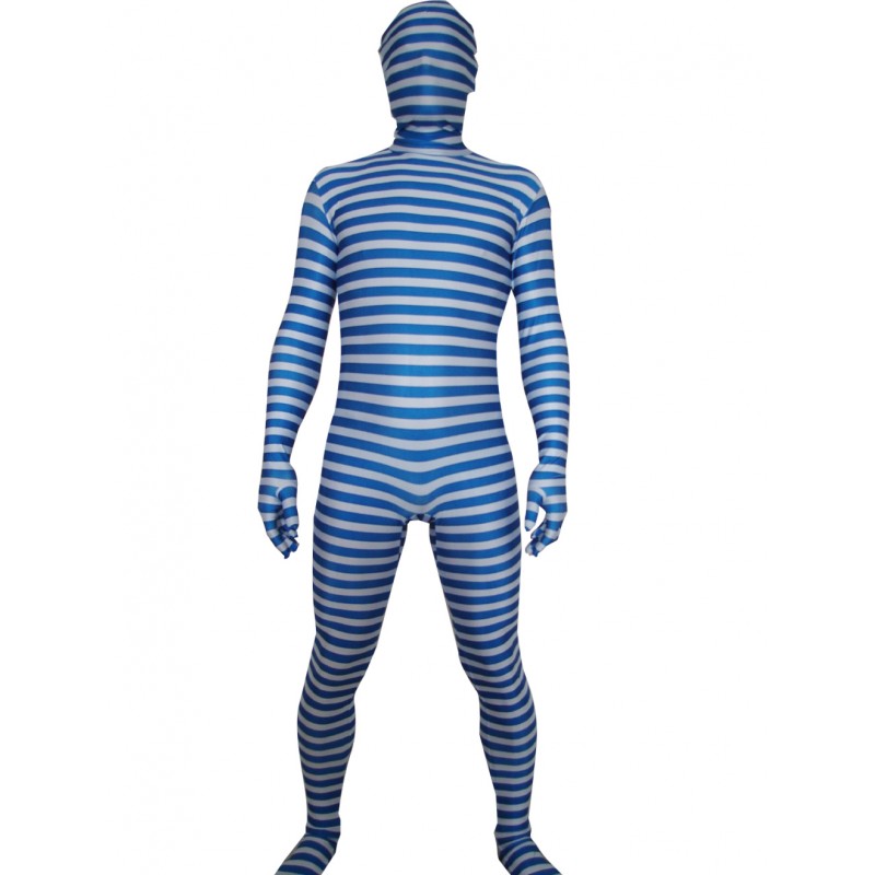 Blue And White Stripe Lycra Unisex Zentai