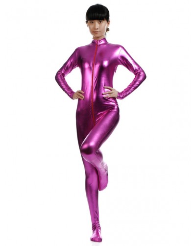 Women Rose Red Adults Bodysuit Cosplay Jumpsuit Shiny Metallic Catsuit Solid