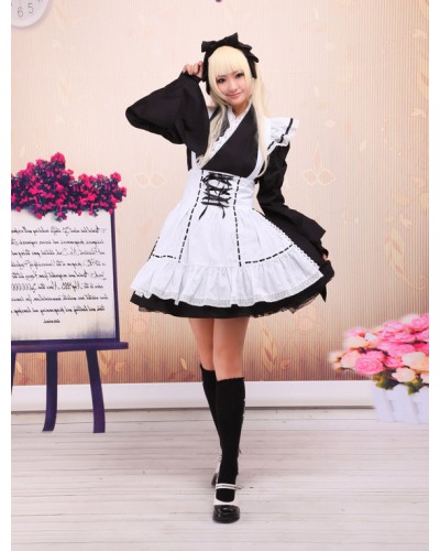 Black Cotton Lolita OP Dress And White Apron Long Sleeves With Lace Up Sweet Spring Tea Party