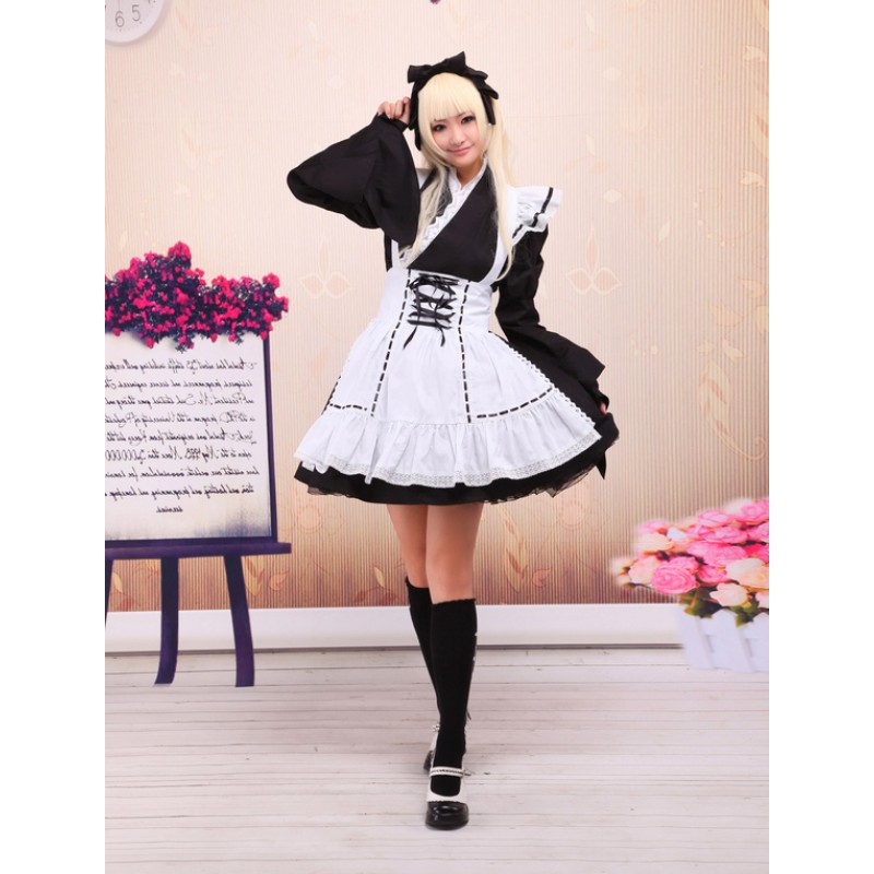 Black Cotton Lolita OP Dress And White Apron Long Sleeves With Lace Up Sweet Spring Tea Party