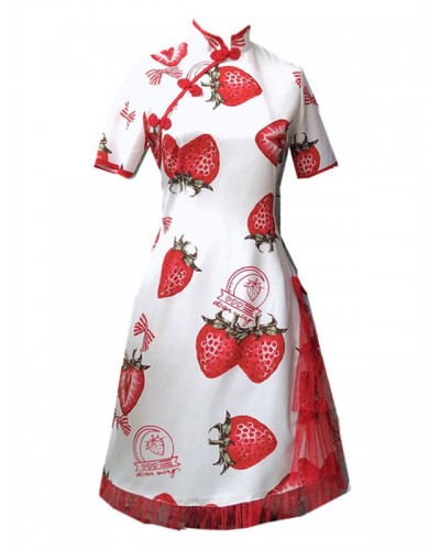 Chinese Style Lolita OP Dress Strawberry Print Qi Lolita One Piece Dresses Chinese Style Spring Summer Fall Daily Casual