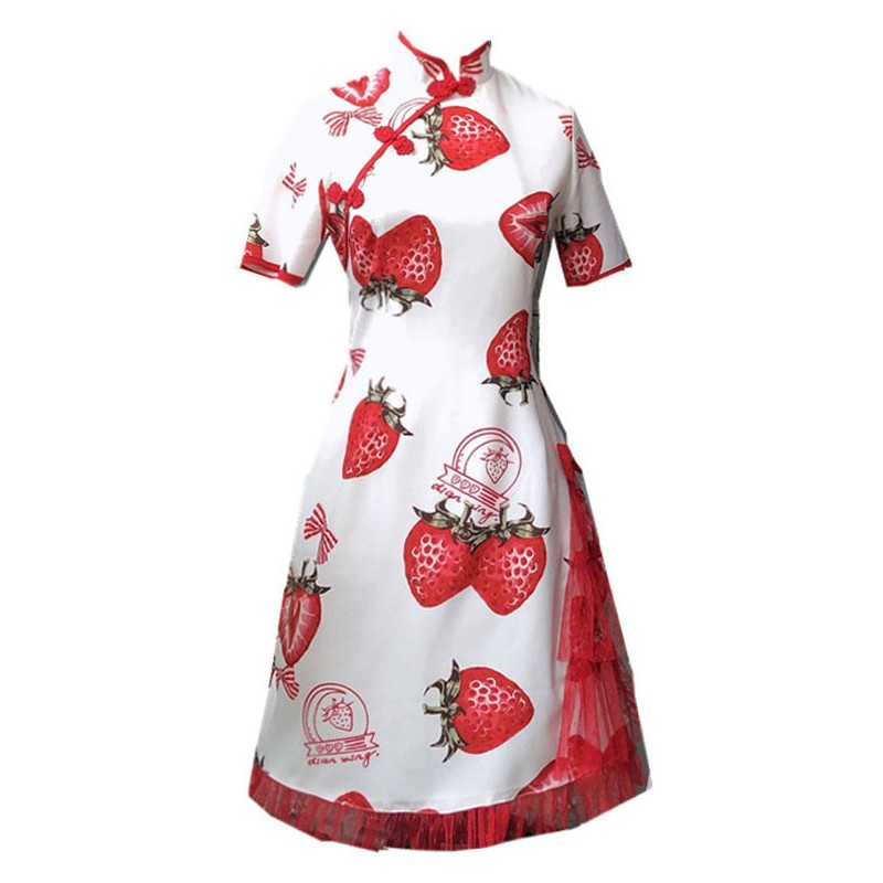 Chinese Style Lolita OP Dress Strawberry Print Qi Lolita One Piece Dresses Chinese Style Spring Summer Fall Daily Casual