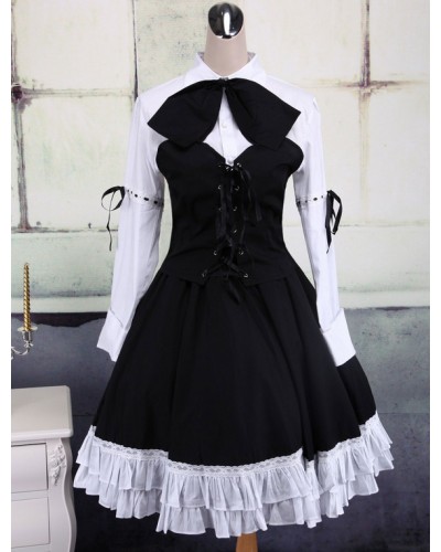 Cotton White And Black Long Sleeves Punk Lolita Blouse And Skirt