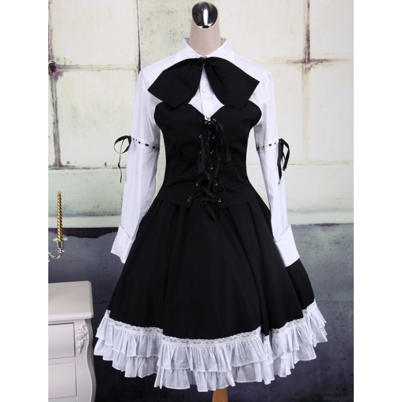 Cotton White And Black Long Sleeves Punk Lolita Blouse And Skirt