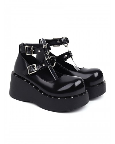 Lolita Footwear Black PU Leather Wedge Heel Lolita Shoes Academic Daily Casual