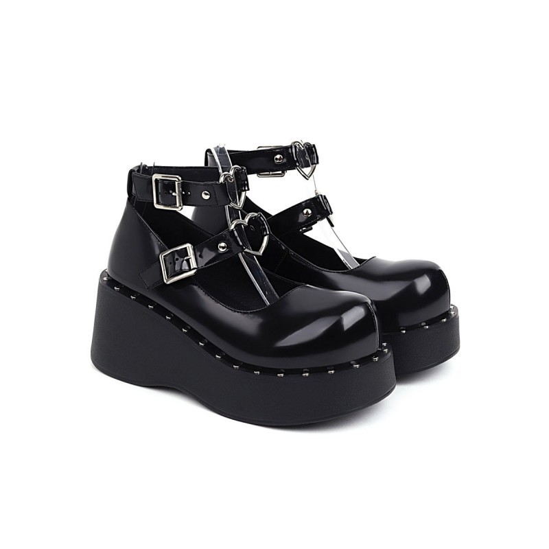 Lolita Footwear Black PU Leather Wedge Heel Lolita Shoes Academic Daily Casual