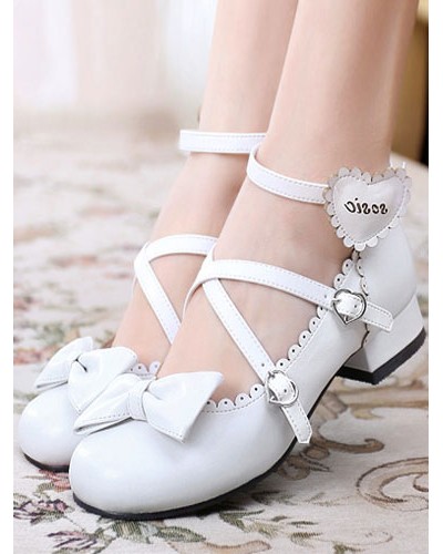 Sweet Lolita Shoes Round Toe Chunky Heel Bows Cross Cross White Lolita Shoes