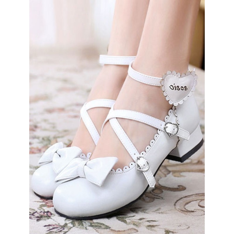 Sweet Lolita Shoes Round Toe Chunky Heel Bows Cross Cross White Lolita Shoes