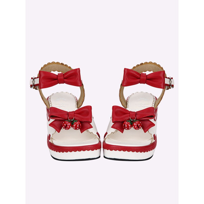 Sweet Lolita Sandals Strawberry Bell Bows White Lolita Shoes