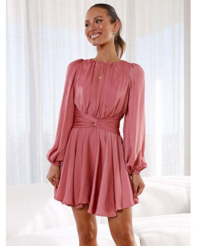 Skater Dresses Jewel Neck Pleated Long Sleeves Flared Dresses Mini Street Wear Daily Casual