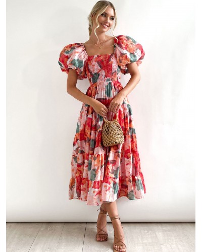 Print Midi Dresses Floral Print Layered Pleated Square Neck Short Sleeves Backless Summer Dress Casual Bohemian Party