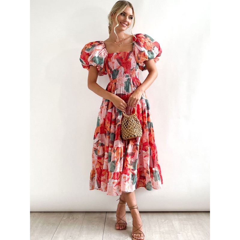 Print Midi Dresses Floral Print Layered Pleated Square Neck Short Sleeves Backless Summer Dress Casual Bohemian Party