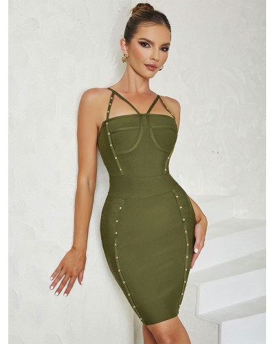 Women Dresses Olive Sleeveless Metal Details Sexy Straps Neck Backless Slim Fit Sheath Dress Bodycon Street Wear Party Dating