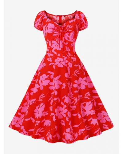 Women Vintage Dress 1950s Audrey Hepburn Style Red Floral Print Lace Up Short Sleeves Sweetheart Neck Knee Length Rockabilly Dress Bodycon Daily Casual Field Party