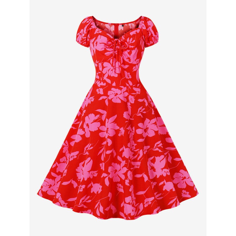 Women Vintage Dress 1950s Audrey Hepburn Style Red Floral Print Lace Up Short Sleeves Sweetheart Neck Knee Length Rockabilly Dress Bodycon Daily Casual Field Party