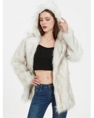 Faux Fur Coats Long Sleeves Casual Oversized Hooded White Coat Faux Fur Coat Fall Winter