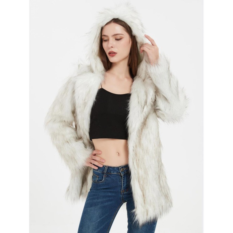 Faux Fur Coats Long Sleeves Casual Oversized Hooded White Coat Faux Fur Coat Fall Winter