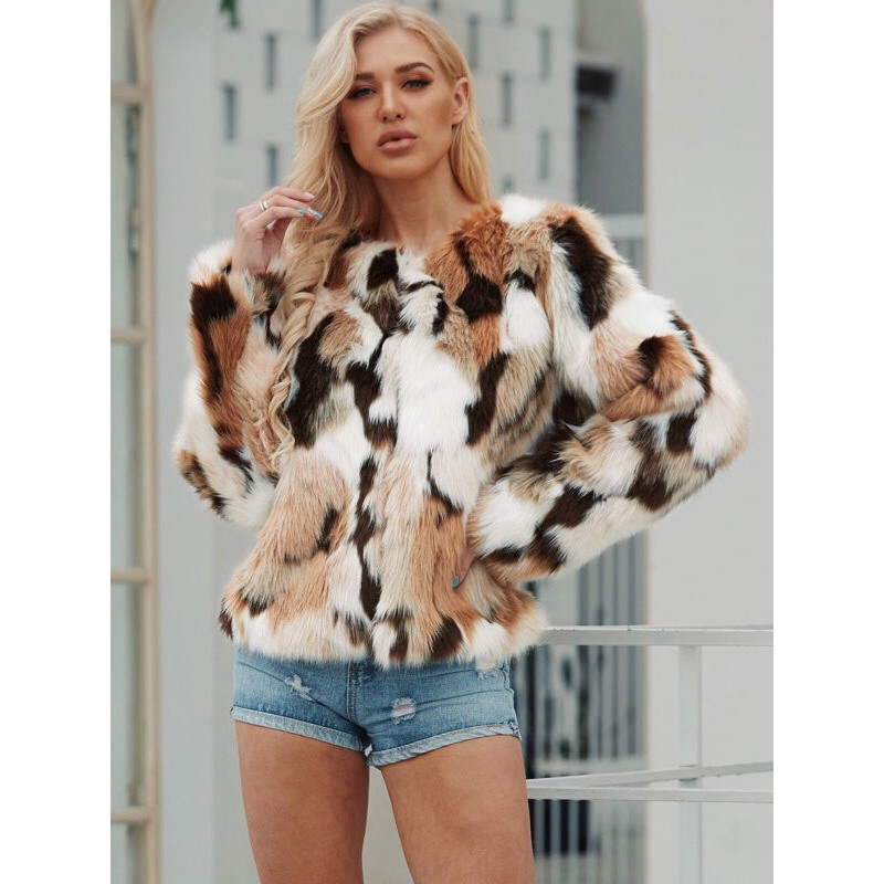 Faux Fur Coats Two-Tone Women Winter Outerwear Classic  Traditional Casual Street Wear Field