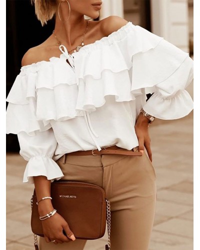 Long Sleeves Tees White Ruffles Bateau Neck Women T Shirt Casual Street Wear Daily Casual Indoor Field Party