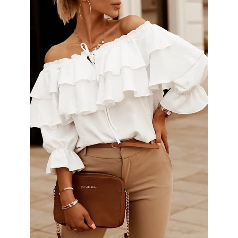 Long Sleeves Tees White Ruffles Bateau Neck Women T Shirt Casual Street Wear Daily Casual Indoor Field Party