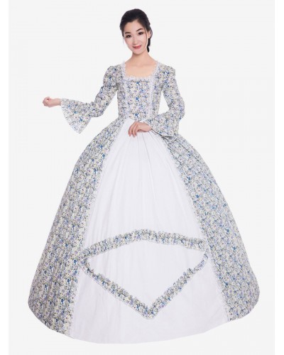 Women Victorian Dress Costume 's Ecru White Floral Print Lace Trim Trumpet Long Sleeves Victorian Era Style Vintage Clothing Halloween Sets Victorian Era