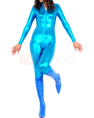 Unisex Halloween Light Sky Blue Front Open Shiny Metallic Catsuit Solid