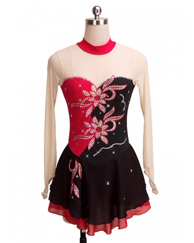 Skating Dress Red Floral Beading Ruffle Lycra Spandex Dance Costumes Halloween Performance