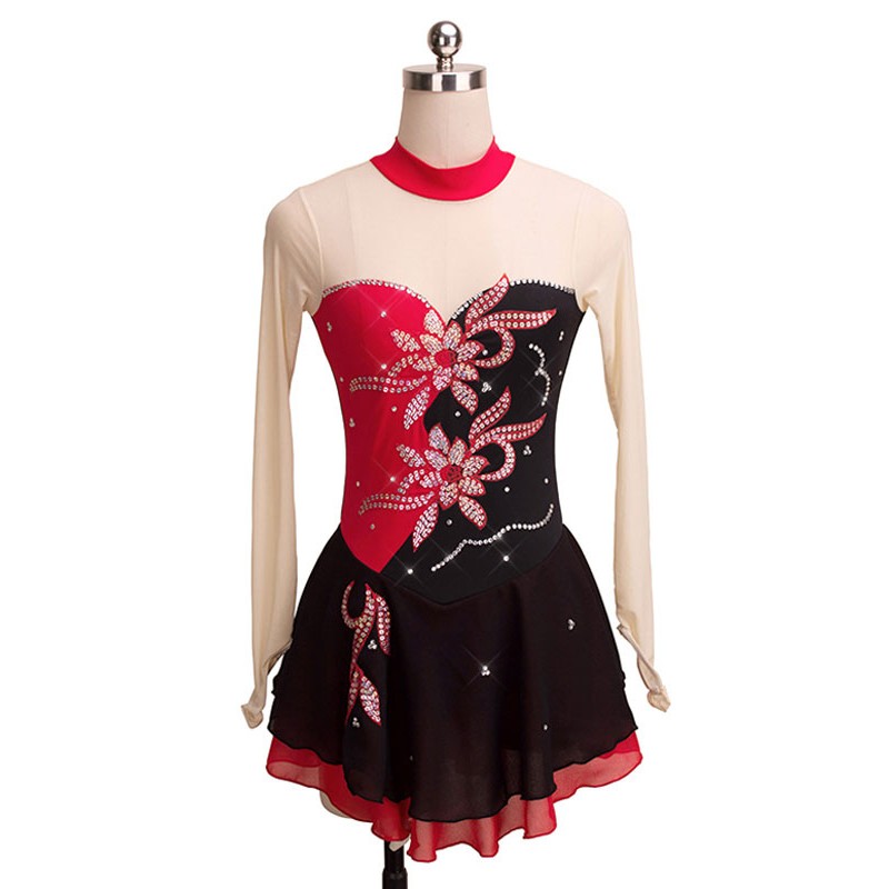 Skating Dress Red Floral Beading Ruffle Lycra Spandex Dance Costumes Halloween Performance