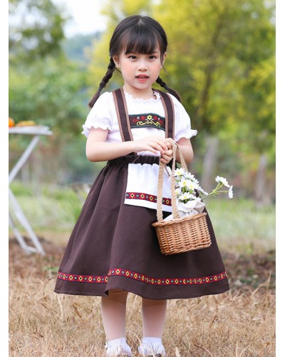 Parent-child Polyester Fiber Daily Casual Ruffles Short Sleeves Polyester Summer Skirt Coffee Brown Kids' Lolita Dresses