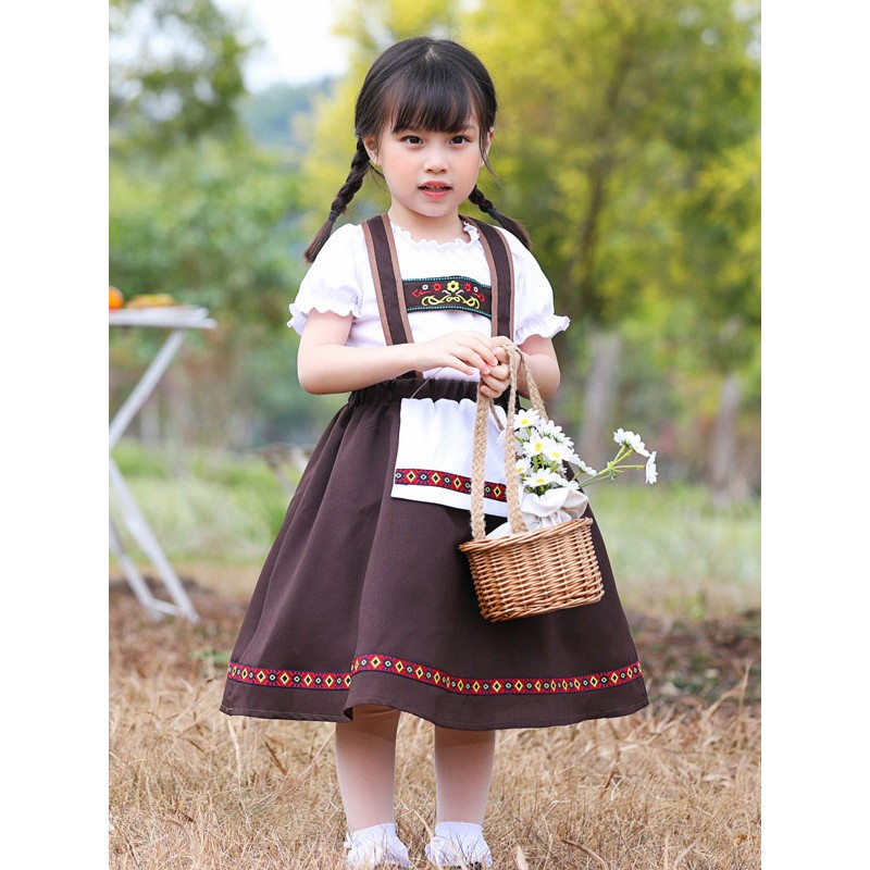 Parent-child Polyester Fiber Daily Casual Ruffles Short Sleeves Polyester Summer Skirt Coffee Brown Kids' Lolita Dresses