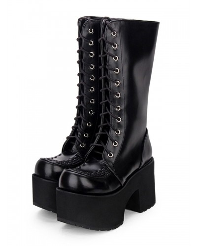 Gothic Lolita Boots Grommet Lace Up Zipper Platform High Heel Black Lolita Thigh High Boots Shoes Punk