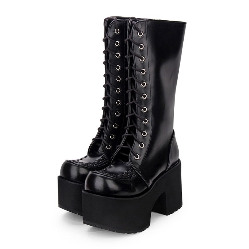 Gothic Lolita Boots Grommet Lace Up Zipper Platform High Heel Black Lolita Thigh High Boots Shoes Punk