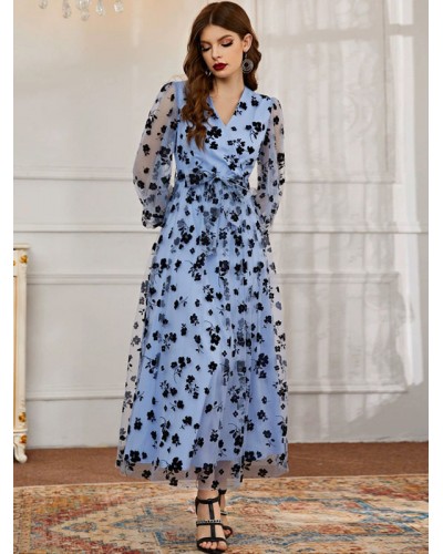 Women V-Neck Maxi Dress Long Sleeves Casual Floral Print Sheer Lace Long Dress Sweet Fall