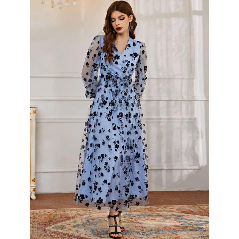 Women V-Neck Maxi Dress Long Sleeves Casual Floral Print Sheer Lace Long Dress Sweet Fall