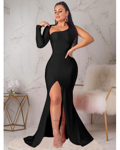 Dresses Black Asymmetrical Neck Long Sleeves Irregular Semi Formal Dress Sexy Night Out Party