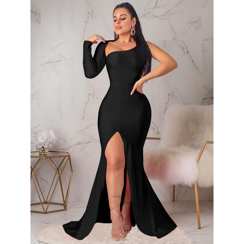 Dresses Black Asymmetrical Neck Long Sleeves Irregular Semi Formal Dress Sexy Night Out Party