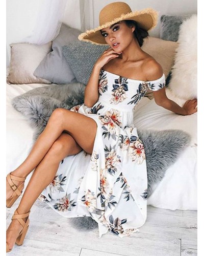 White Floral Maxi Dress Off The Shoulder Short Sleeve Split Chiffon Summer Dress Bohemian Beach