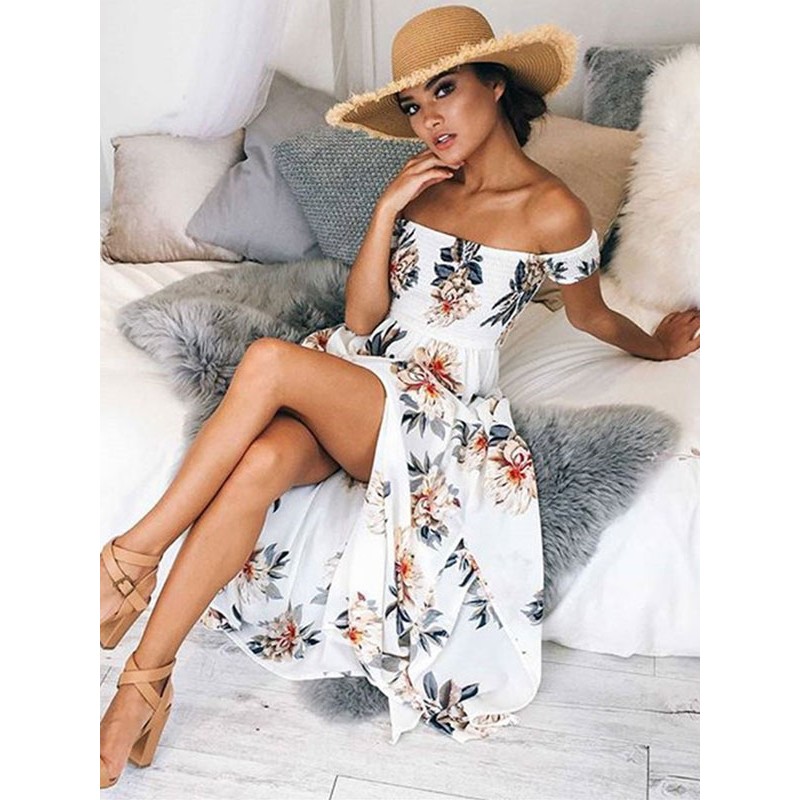 White Floral Maxi Dress Off The Shoulder Short Sleeve Split Chiffon Summer Dress Bohemian Beach