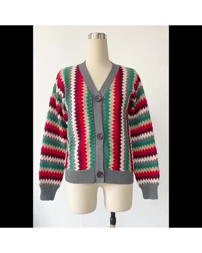 Knitted Cardigan Rainbow Colors Long Sleeves Button Relaxed Fit Spring Fall Short Outerwear For Women Casual